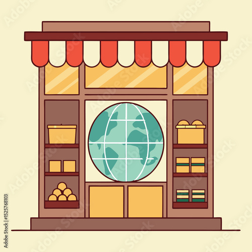 A stylized shop with a globe display showcasing international trade and global commerce.