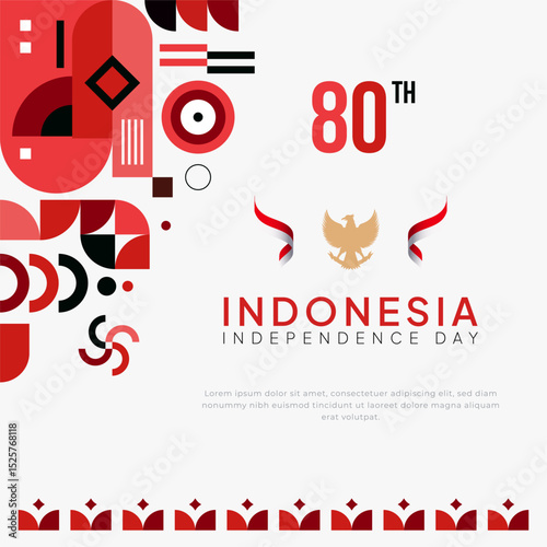 Modern vector design for Indonesia’s 80th Independence Day. Features red and white geometric elements, Garuda emblem, and bold typography. Ideal for patriotic posters, banners, and social media.