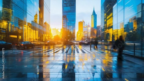 Urban cityscape at dawn, modern architecture, bustling street