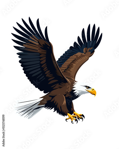A majestic bald eagle in flight, its powerful wings spread against the blue sky in a display of wild freedom