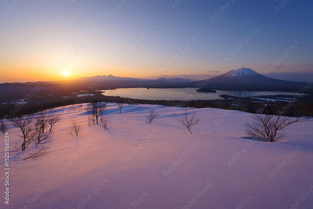 Pink sunrise over snowy peak and lake Pink sunrise over snowy peak and lake