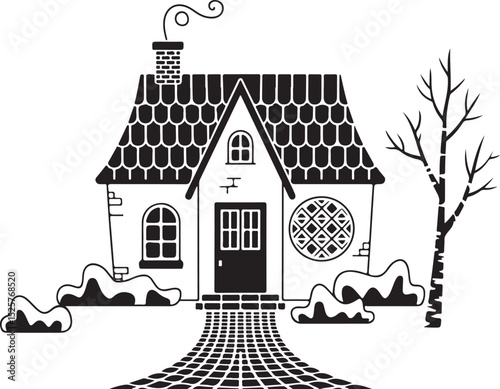 Quaint House in Winter Landscape (Monochrome)