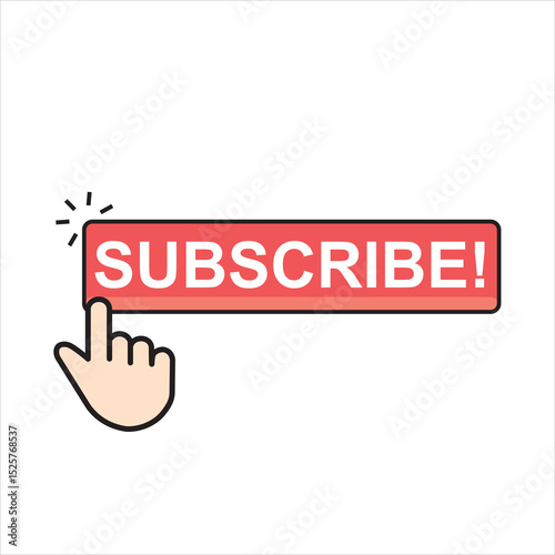 a red “SUBSCRIBE!” button being clicked by a hand cursor, suggesting a call-to-action to subscribe, likely for a channel, newsletter, or service