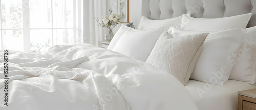 Crisp white bedding with decorative pillows in a sunlit room Frequently used in home decor, Airbnb, and hospitality marketing