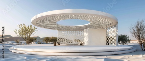 White circular pavilion with perforated dome showcases Islamic-inspired contemporary architecture featuring geometric patterns in a desert landscape.