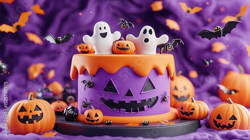 Minimalist purple podium with Halloween decorations: pumpkins, spider webs, and ghosts on vibrant orange background. 3D-rendered scene with clean lines and bright colors for party posters, digital car