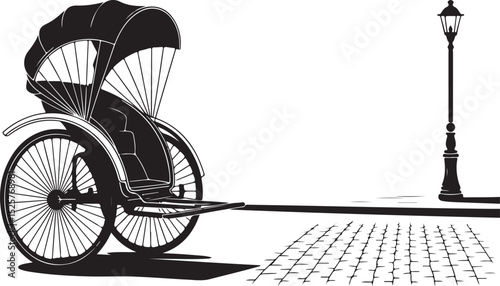 Vintage Rickshaw on city pavement with lamppost in black and white silhouette illustration
