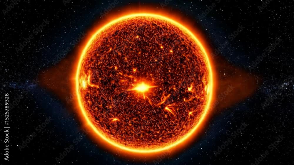 Animated visuals of a massive star with intense bursts of energy, bright core, and plasma flares set against a dark backdrop of twinkling stars