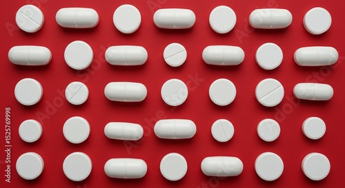 A stark grid of identical white pills lies on a vibrant red background, creating a strong, repetitive pattern. Some tablets feature a score line. Ideal for themes of medicine, healthcare, pharmaceutic