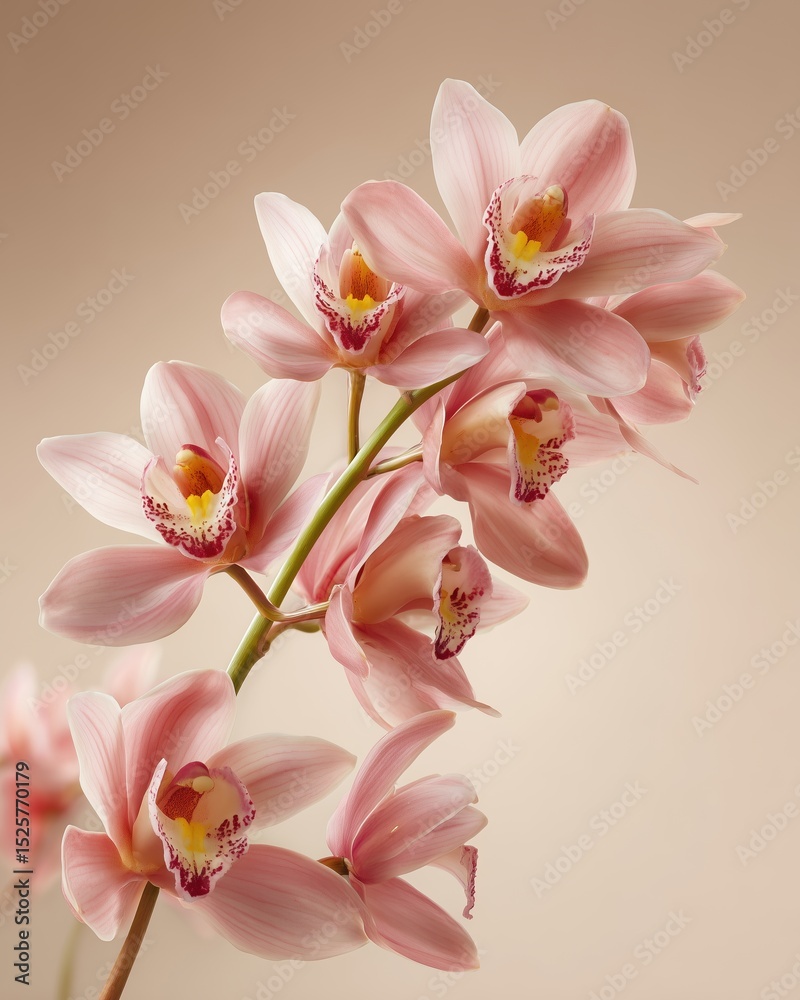 Obraz premium Elegant Pink Orchid Blossom with Yellow Core on Beige Background, Commercial Floral Still Life Composition