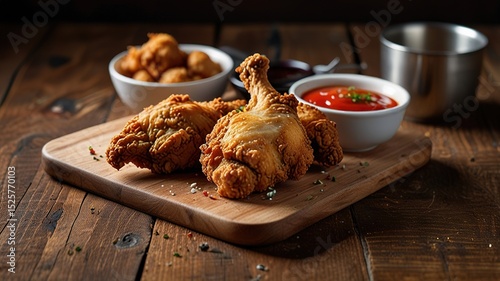 Fried chicken on wooden table