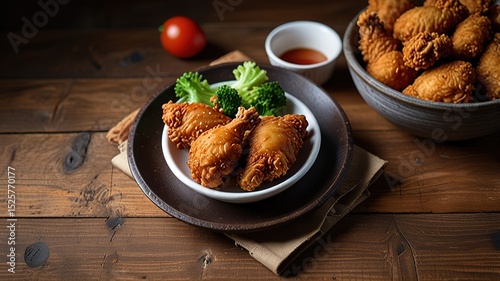 Fried chicken on wooden table