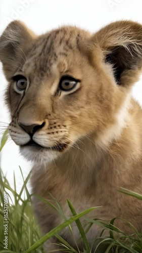 Adorable lion cub peers through verdant grass, showcasing its big eyes and fluffy ears in a portrait of animal innocence and charm.