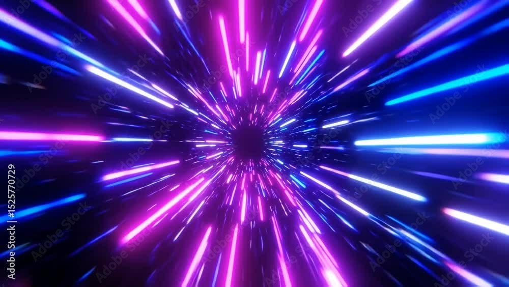 Neon warp tunnel with glowing pink and blue light streaks radiating from central point in high-speed motion. Sci-fi design concept
