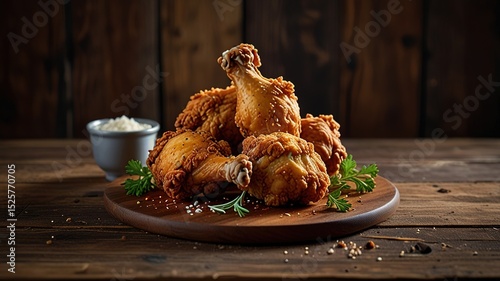 Fried chicken on wooden table