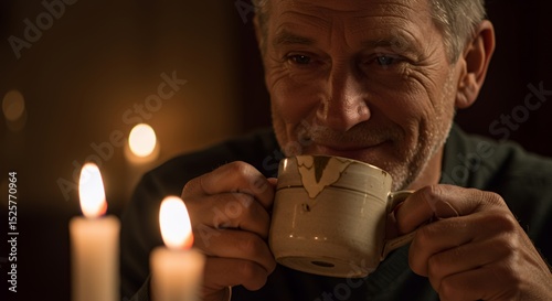 Man Enjoying a Warm Drink by Candlelight