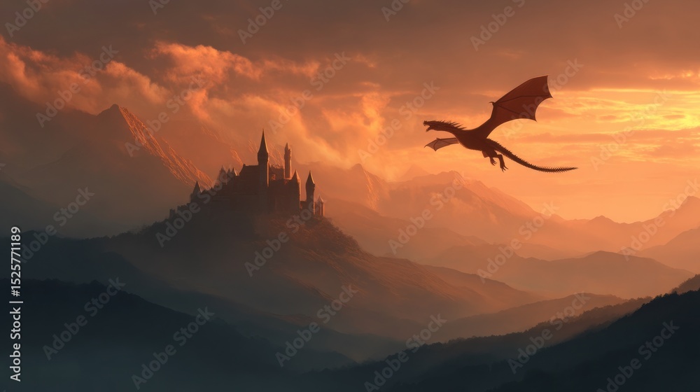 Fototapeta premium Dragon flying over castle at sunset