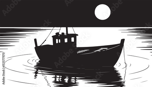 Fishing Boat at Anchor Under a Full Moon at Night