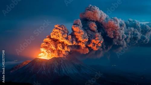 Volcanic Eruption at Dusk A breathtaking view of a volcano erupting against a twilight sky showcasing fiery orange and grey ash clouds billowing into the atmosphere. mount etna italy volcanic eruption