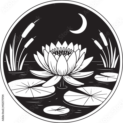 Lotus Flower and Lily Pads in a Pond at Night with Crescent Moon (Monochrome Circle)