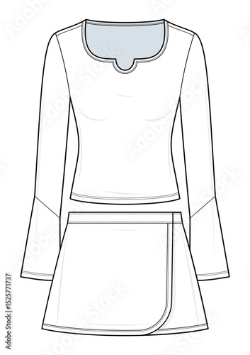 Scallop Notch-Neck Long Sleeve Top and Wrap Mini Skirt Set Technical Fashion Illustration. Women’s Two-Piece Outfit Vector Template. Matching Set. Front View. Feminine Style. Golf Outfit. CAD Mockup.