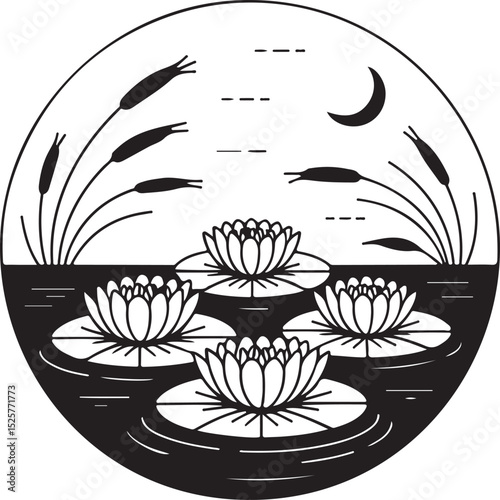 Water Lilies and Reeds in a Pond Under a Crescent Moon (Circular Monochrome)