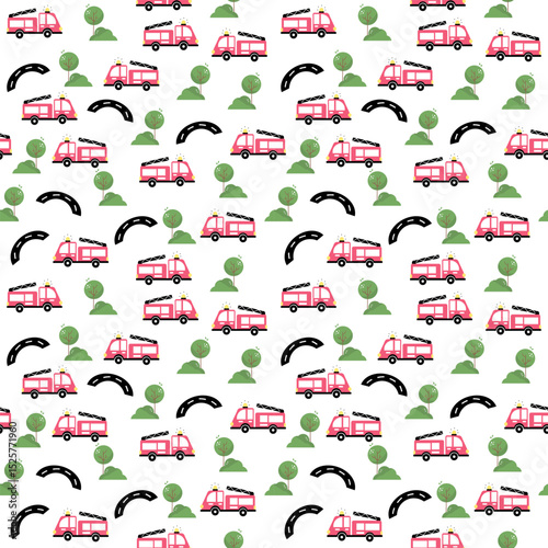Fire Truck Seamless Pattern with Roads and Trees – Cute Emergency Vehicle Vector Background for Kids