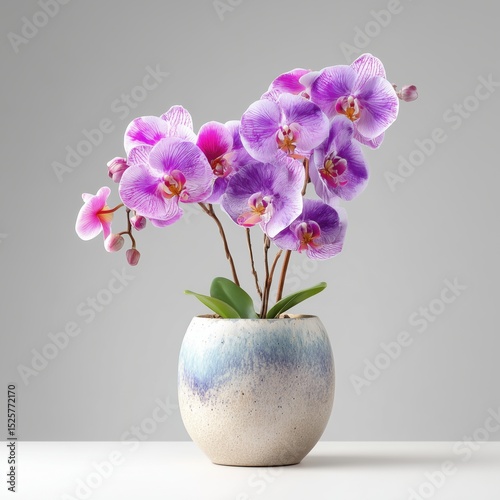 Ceramic Pot Orchid Blossom on Gray Backdrop, Delicate Floral Display, Studio Product Photography