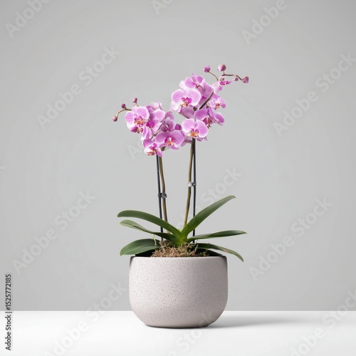 Ceramic Pot Orchid Blossom on Gray Backdrop, Delicate Floral Display, Studio Product Photography