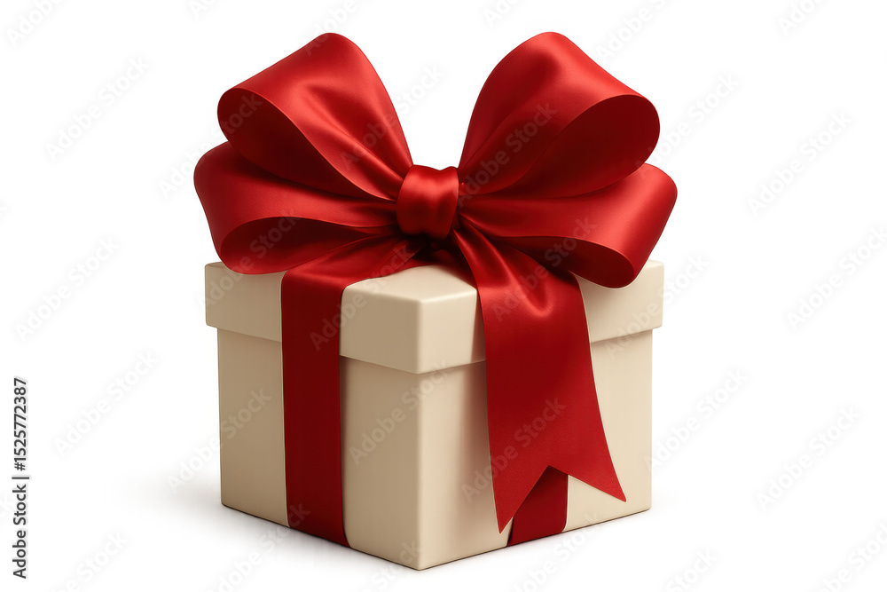 Obraz premium White gift box decorated with glossy red satin ribbon, digitally rendered with transparent background, highlighting elegant packaging design