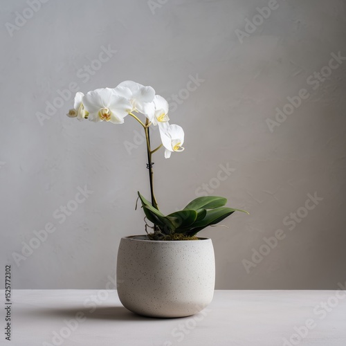 Ceramic Pot Orchid Blossom on Gray Backdrop, Delicate Floral Display, Studio Product Photography