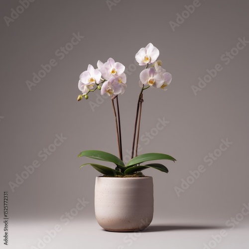 Ceramic Pot Orchid Blossom on Gray Backdrop, Delicate Floral Display, Studio Product Photography