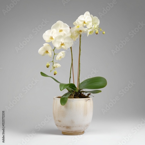 Ceramic Pot Orchid Blossom on Gray Backdrop, Delicate Floral Display, Studio Product Photography