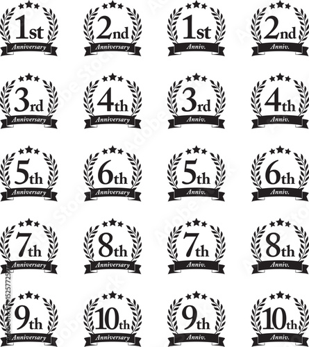Laurels, ribbons and stars anniversary icon set, Black, White, Monochrome / 1st, 2nd, 3rd, 4th, 5th, 6th, 7th, 8th, 9th, 10th / 月桂樹とリボンと星の周年記念アイコンセット アニバーサリー 黒 白 モノクロ