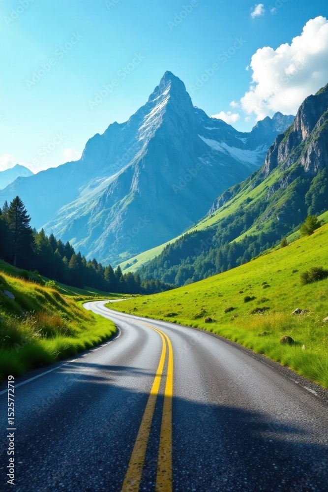 Naklejka premium Asphalt ribbon winding through verdant valley, majestic mountains rising in the background under a vibrant sky.