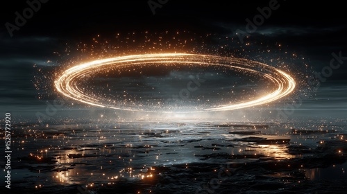 Geometric Cyber Portal with Luminous Energy and Digital Particles, Intense Center Glow, Surreal Digital Gateway Concept.