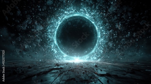 Geometric Cyber Portal with Luminous Energy and Digital Particles, Intense Center Glow, Surreal Digital Gateway Concept.