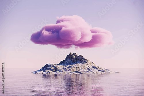 Surreal Pink Cloud Hovers Over Lonely Island A Dreamlike Digital Art Piece