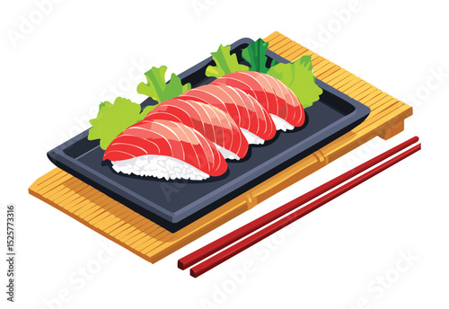 Salmon Sushi on Wooden Platter - Vector Illustration