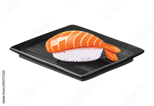 Shrimp Nigiri Sushi on Black Plate - Vector Illustration