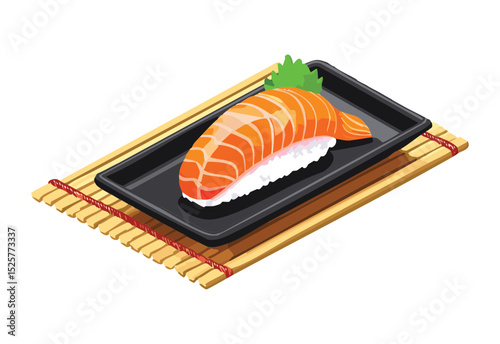Salmon Nigiri Sushi Black Plate Garnish - Vector Illustration