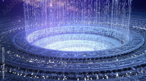 Geometric Cyber Portal with Luminous Energy and Digital Particles, Intense Center Glow, Surreal Digital Gateway Concept.