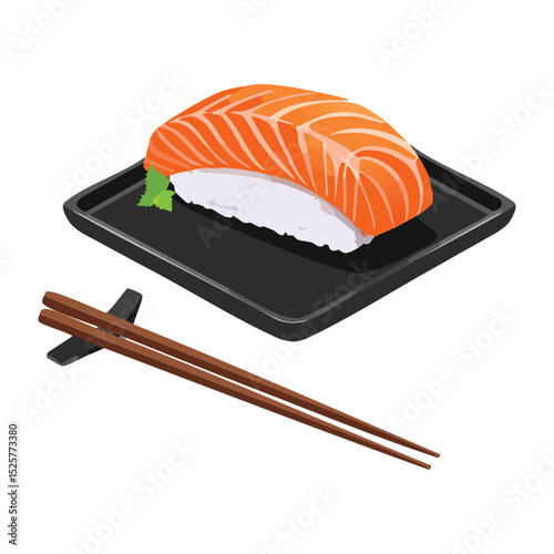 Fresh Salmon Nigiri and Chopsticks - Vector Illustration