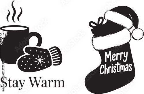 cozy christmas elements with holiday stocking, hot cocoa mug, and winter mittens in festive black and white silhouette style