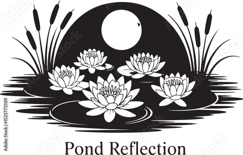otus flowers floating on peaceful pond with moon reflection and cattail silhouettes in tranquil black and white design