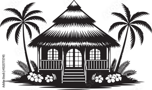 tropical beach hut with thatched roof, palm trees and hibiscus flowers in summer island resort silhouette style