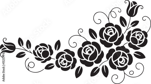 elegant corner floral silhouette with blooming rose vines, curled stems and delicate leaves in decorative black vector style