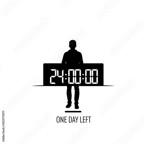 A lone figure stands before a digital clock displaying 240000, isolated on white background, signifying one day left
