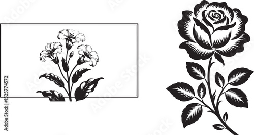 floral silhouette illustration featuring detailed rose and carnation with classic botanical elegance in black and white vector style