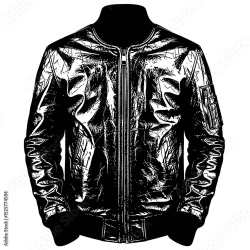 A rugged black leather bomber jacket, isolated on white background, shows its worn texture and classic design